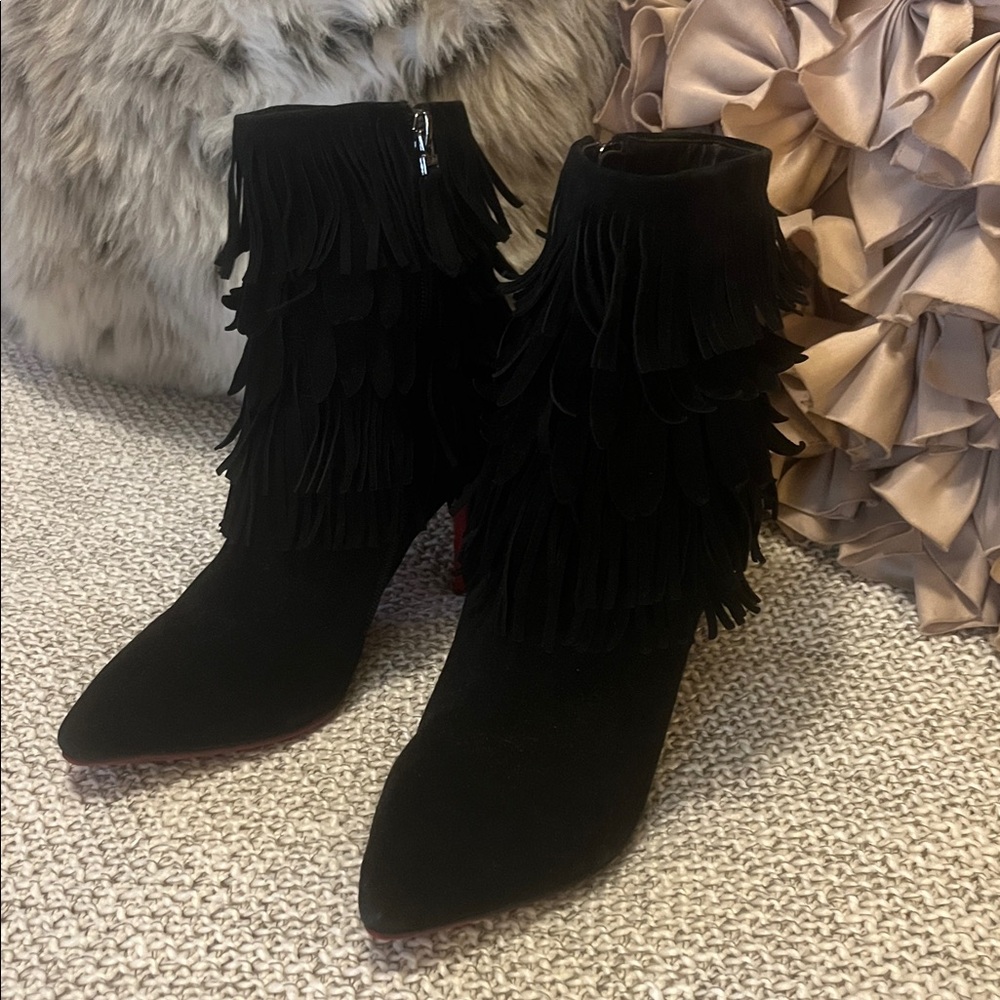 Black Suede Woman’s Pointed Toe Fringe Red Sole Stiletto Heel Ankle Booties - Picture 2 of 16